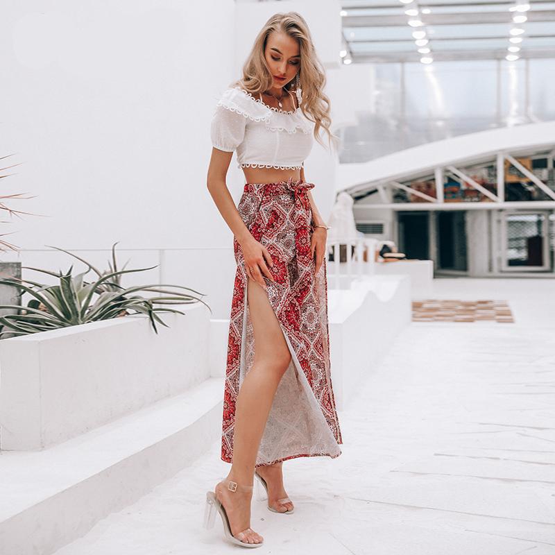 Sexy Print Long Women Summer High Waist Sash Wide Leg Split Trousers