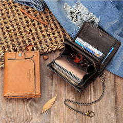 Men Genuine Leather RFID Anti-theft Zipper Multi-slot Card Holder Wallet With Chain