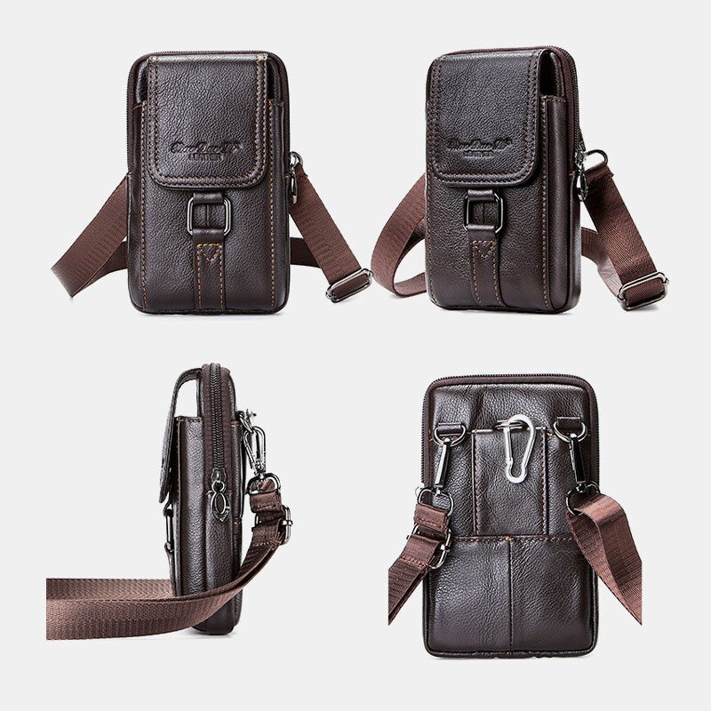 Men Genuine Leather Multifunctional Retro 6.5 Inch Phone Bag Waist Mini Crossbody Shoulder