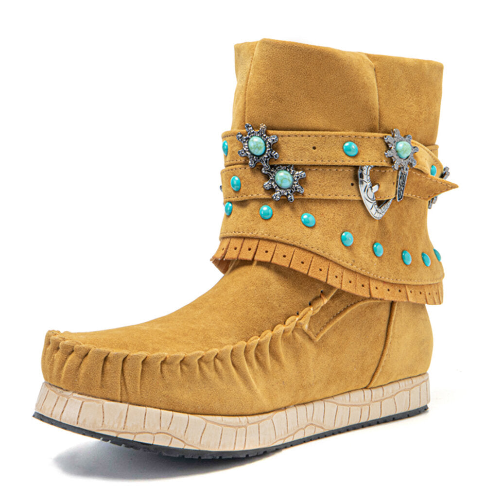 Plus Size Women Ethnic Rhinestone Tassel Flat Moccasin Short Boots