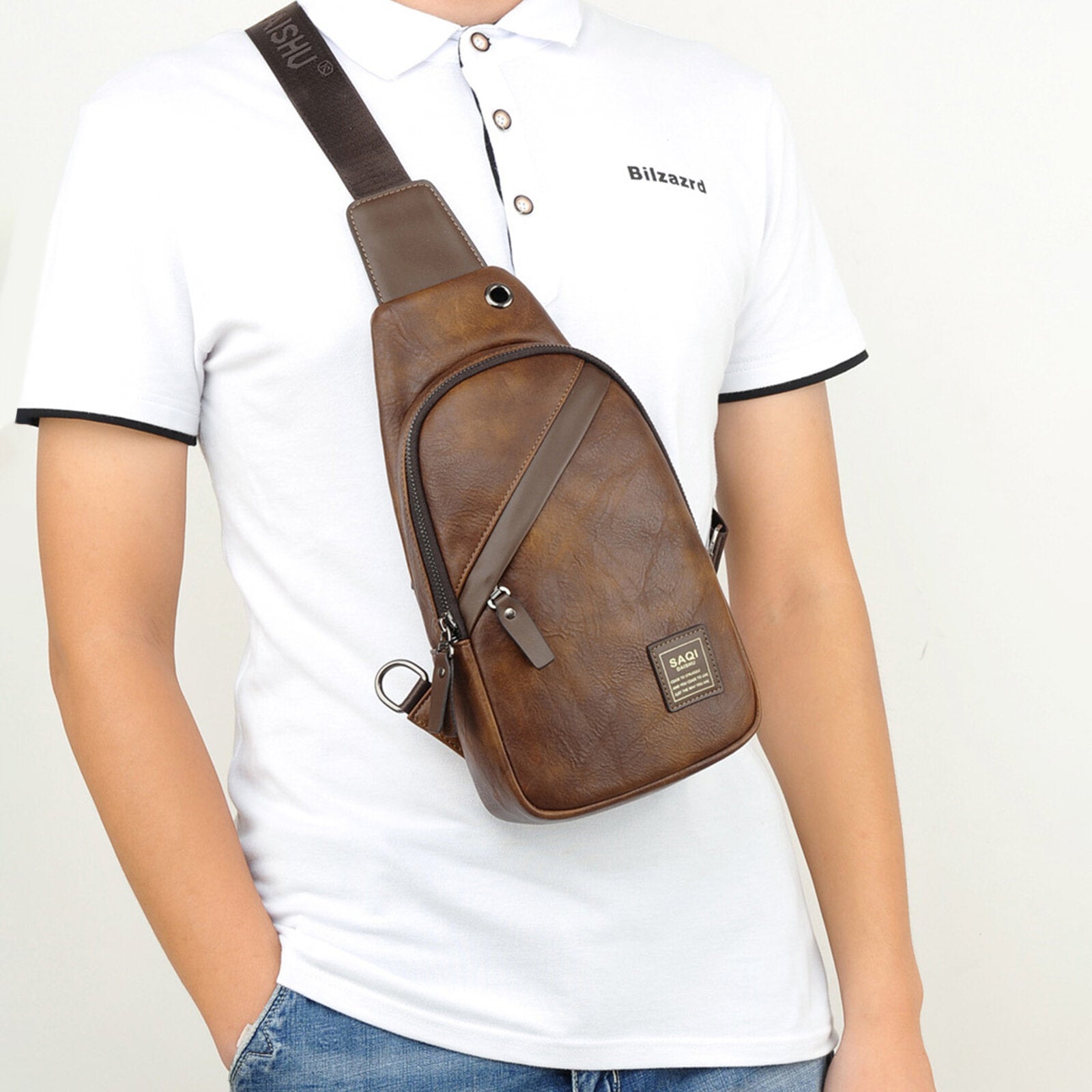 Men Artificial Leather Vintage Chest Bag Multi-compartment Large-capacity Wear-resistant Shoulder Messenger Bag