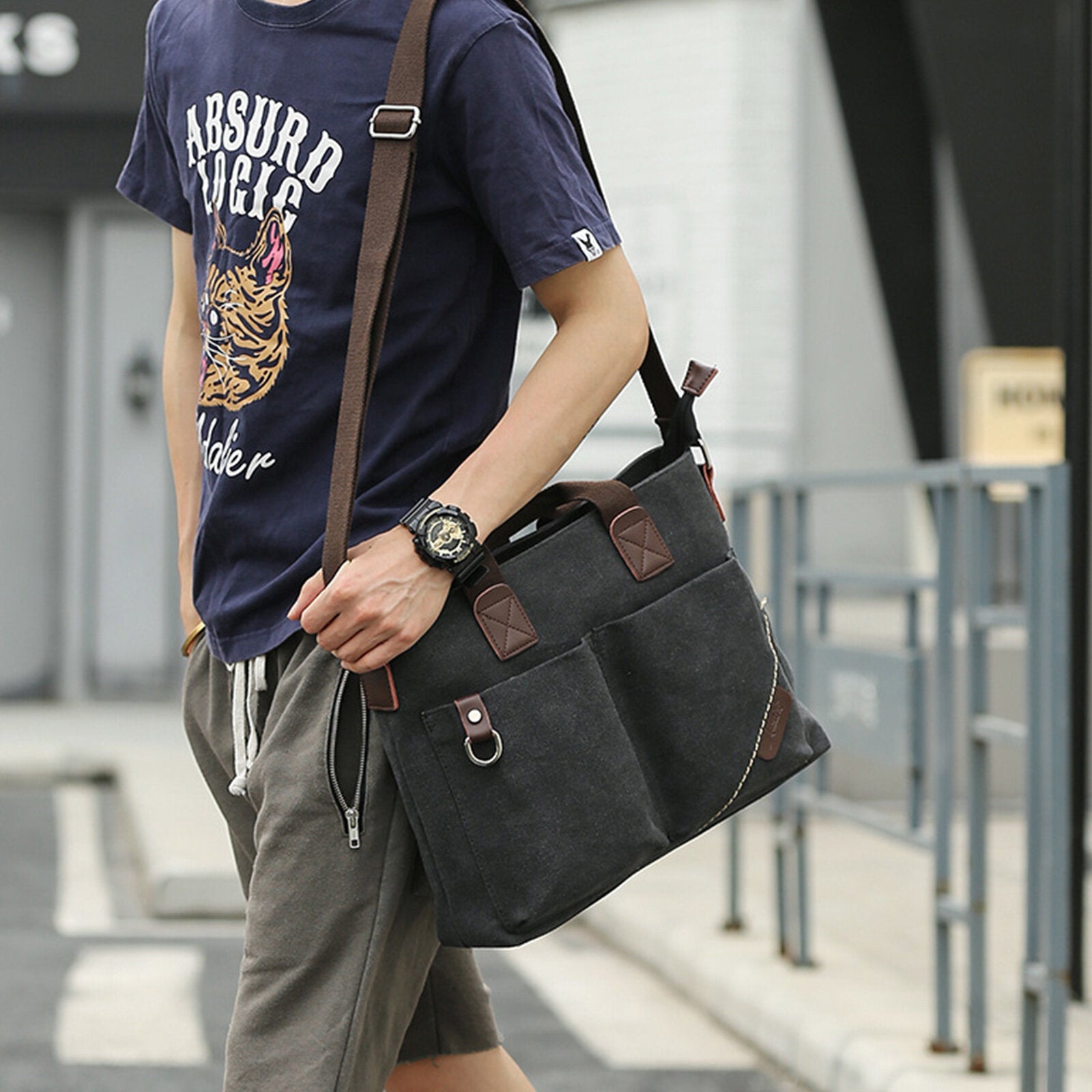 Men Canvas Vintage Casual Large Capacity Crossbody Bag Multi-pocket Zipper Handbag Shoulder Bag