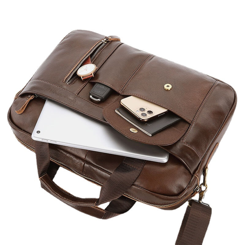 Men Genuine Leather Multi-pocket Vintage 14 Inch Laptop Bag Briefcases Crossbody Bag Shoulder Bag Handbag