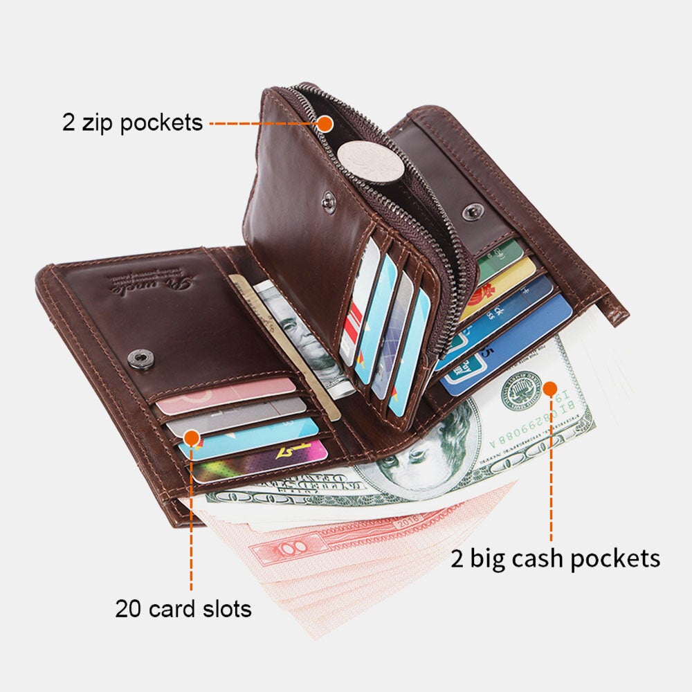 Men Genuine Leather Short RFID Anti-theft Large Capacity Multi-card Slot Card Holder Coin Purse Wallet Money Clip