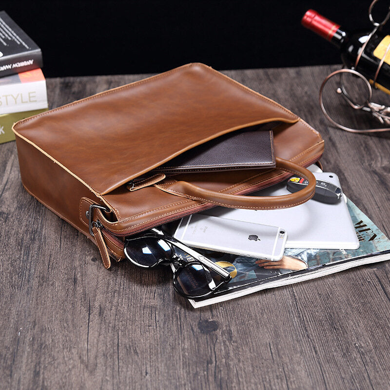 Men Horizontal Multi-pocket Multi-compartment Briefcase Vintage PU Leather 14 Inch Laptop Bag Crossbody Bag Shoulder Bag Handbag