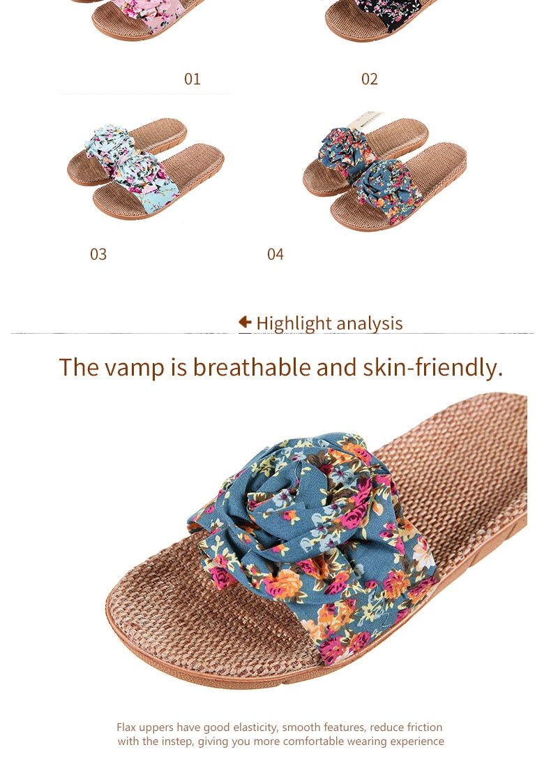 Hot Marketing Summer Bathroom Slipper Indoor Home Women Shoes Hemp Sandals Flower Decoration Shoe Girl - Sheseelady