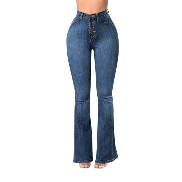 Elastic Plus Loose Denim Pocket Button High Waist Jeans - Sheseelady