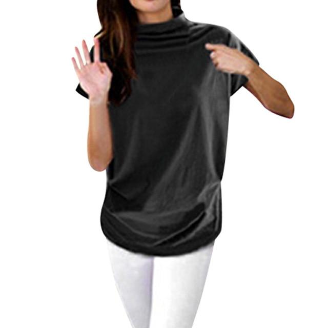 Women Casual Turtleneck Short Sleeve Cotton Solid Blouse
