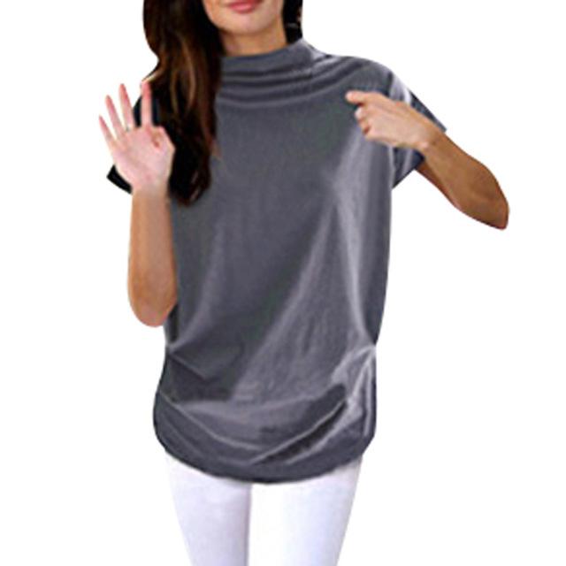Women Casual Turtleneck Short Sleeve Cotton Solid Blouse