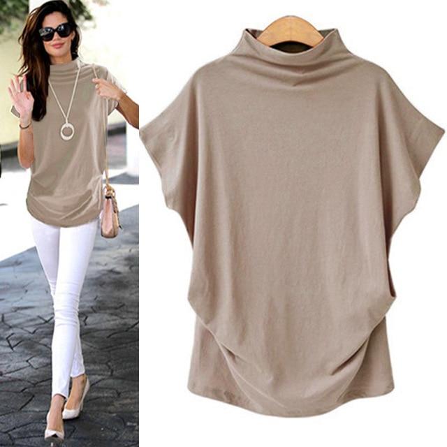 Women Casual Turtleneck Short Sleeve Cotton Solid Blouse
