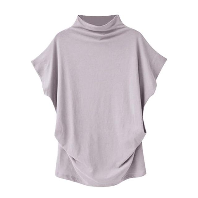 Women Casual Turtleneck Short Sleeve Cotton Solid Blouse