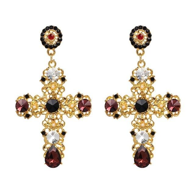 Vintage Boho Crystal Cross Drop Earrings For Women Baroque Bohemian Large Long Jewelry