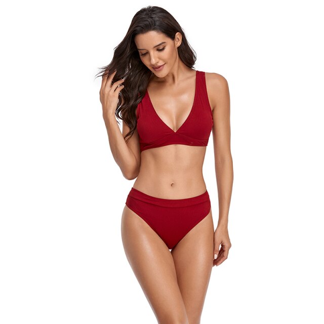 Sexy Women Summer Bikini Solid Color Gathering Triangle Split