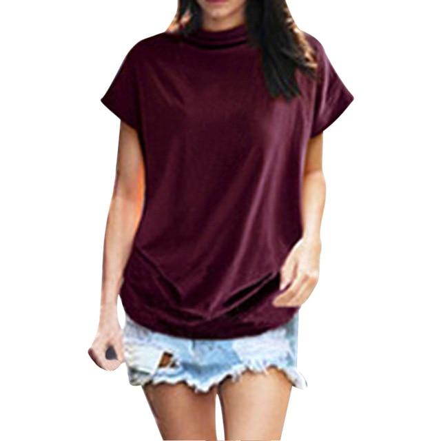 Women Casual Turtleneck Short Sleeve Cotton Solid Blouse