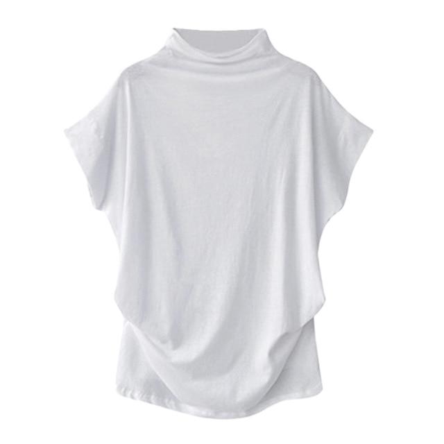 Women Casual Turtleneck Short Sleeve Cotton Solid Blouse