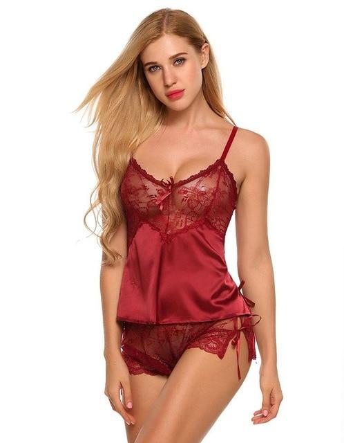 Homewear Sexy Silk Satin Women'S Pajamas Lingerie Set Lace Pijama Mujer V-Neck Nightgown Sleepwear Nightwear For Women - Sheseelady