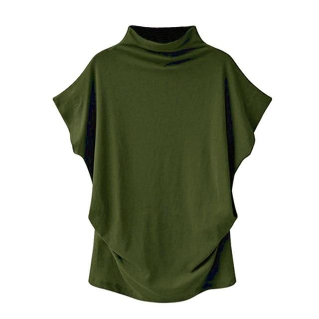 Women Casual Turtleneck Short Sleeve Cotton Solid Blouse