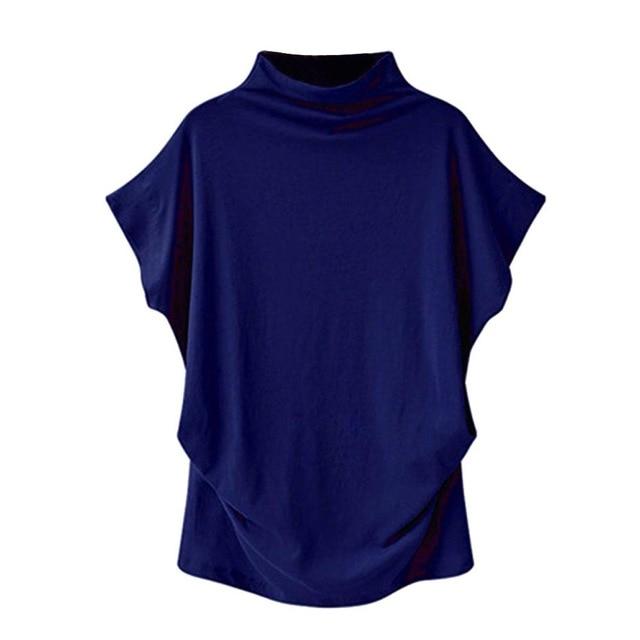 Women Casual Turtleneck Short Sleeve Cotton Solid Blouse