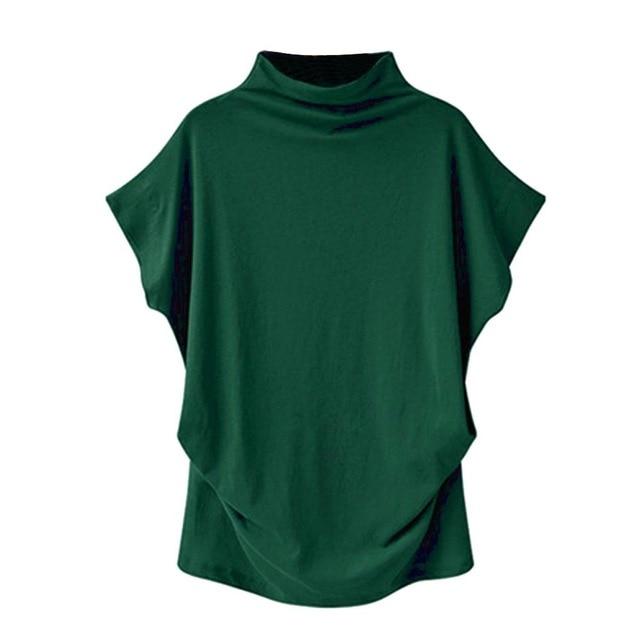Women Casual Turtleneck Short Sleeve Cotton Solid Blouse